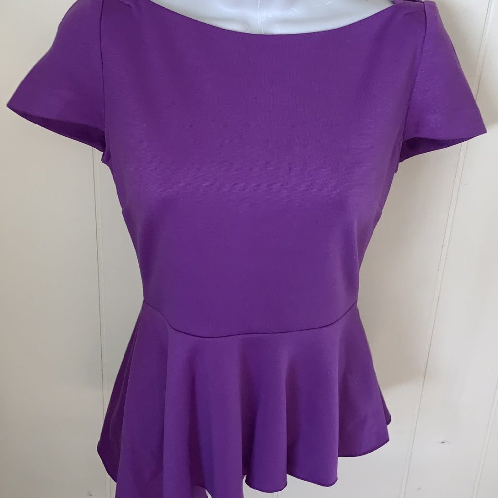 TAHARI Purple Boat Neck Asymmetric Peplum Top Blouse Shirt Size XS/TP